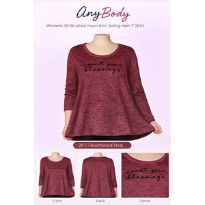 AnyBody Womens 3X Brushed Hacci Knit Swing Hem T Shirt Heathered Red A292756